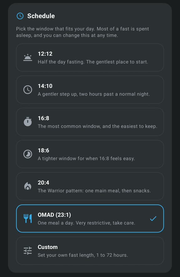 The intermittent fasting schedule picker listing 12:12, 14:10, 16:8, 18:6, 20:4, OMAD (23:1) and Custom, each with a plain-language description of how demanding it is.