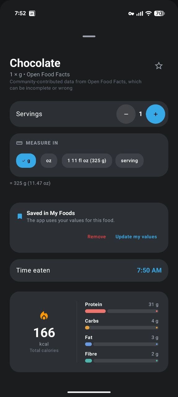 Food detail sheet for Chocolate showing a servings stepper, measurement chips in grams, ounces, fluid ounces and servings, the Open Food Facts source, a saved-in-My-Foods notice and a full nutrition breakdown.
