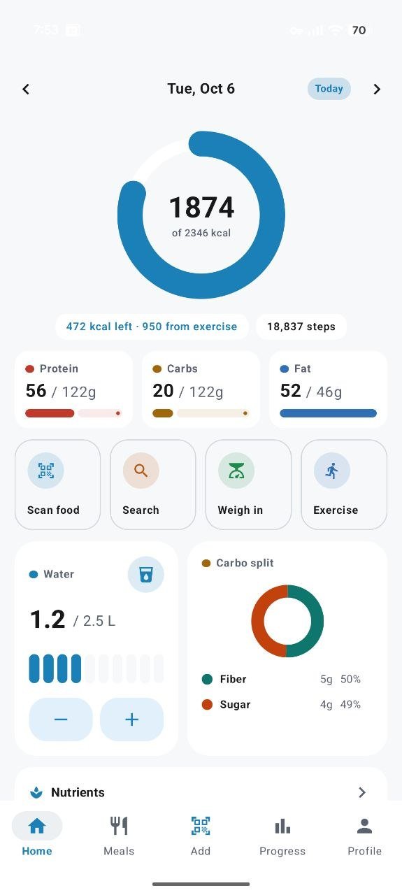 The same home screen in its light theme: white surfaces, the same calorie ring, macro bars and quick actions.