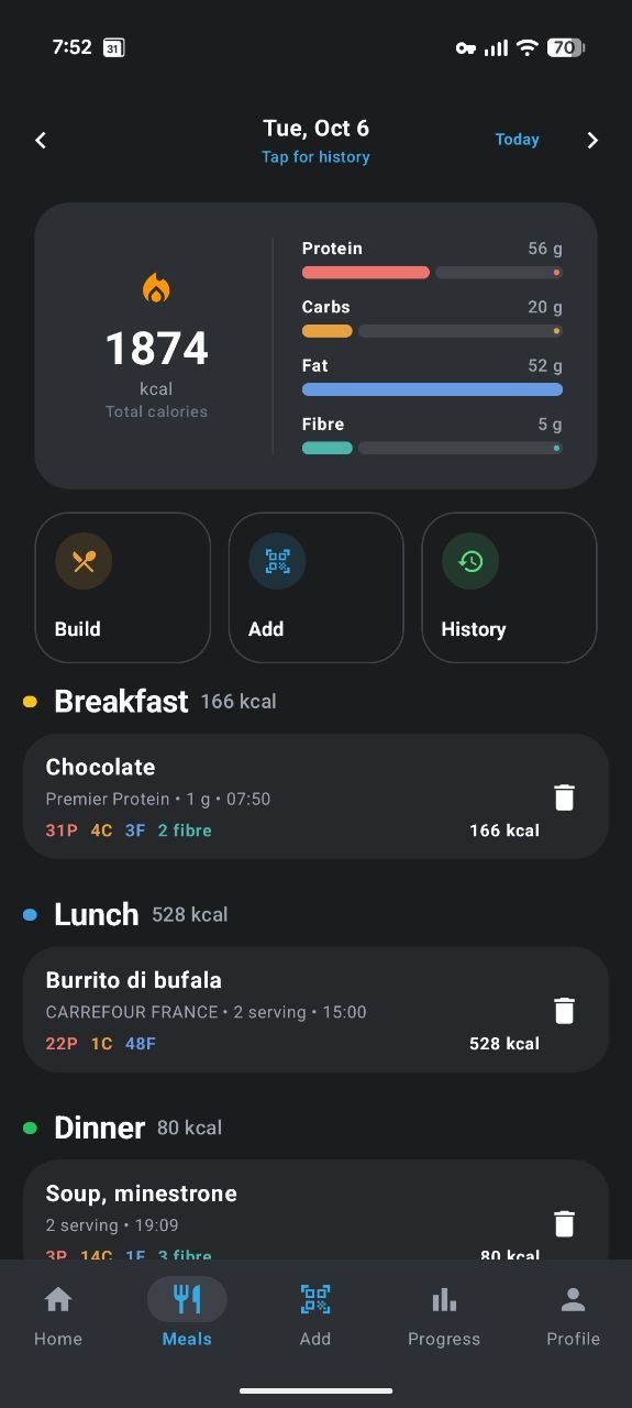 The Meals tab listing Breakfast, Lunch and Dinner with per-meal calorie totals, and each logged food with its protein, carb and fat breakdown.